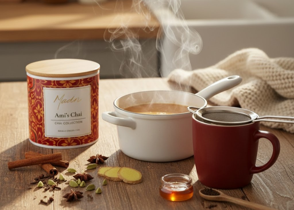 Steaming pot of chai on a wooden counter with an Ami's Chai tin, spices, honey, and a red mug with strainer.